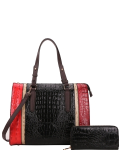 2in1 Alligator Croc Fashion Satchel Bag with Wallet CY-7187W BLACK